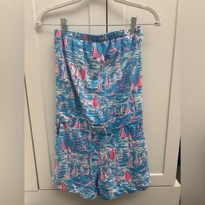 Lilly Pulitzer Blue and Pink Sailboat Jace Romper Zanzibar Blue XS